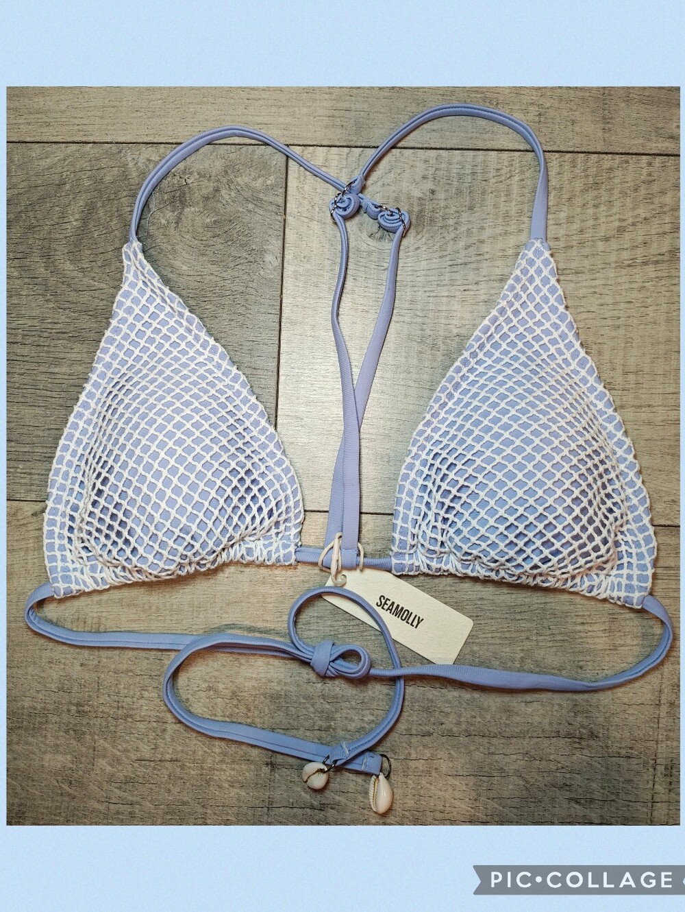 New Seamolly Blue Fishnet Boho Bikini Top w Real Seashell Charms.